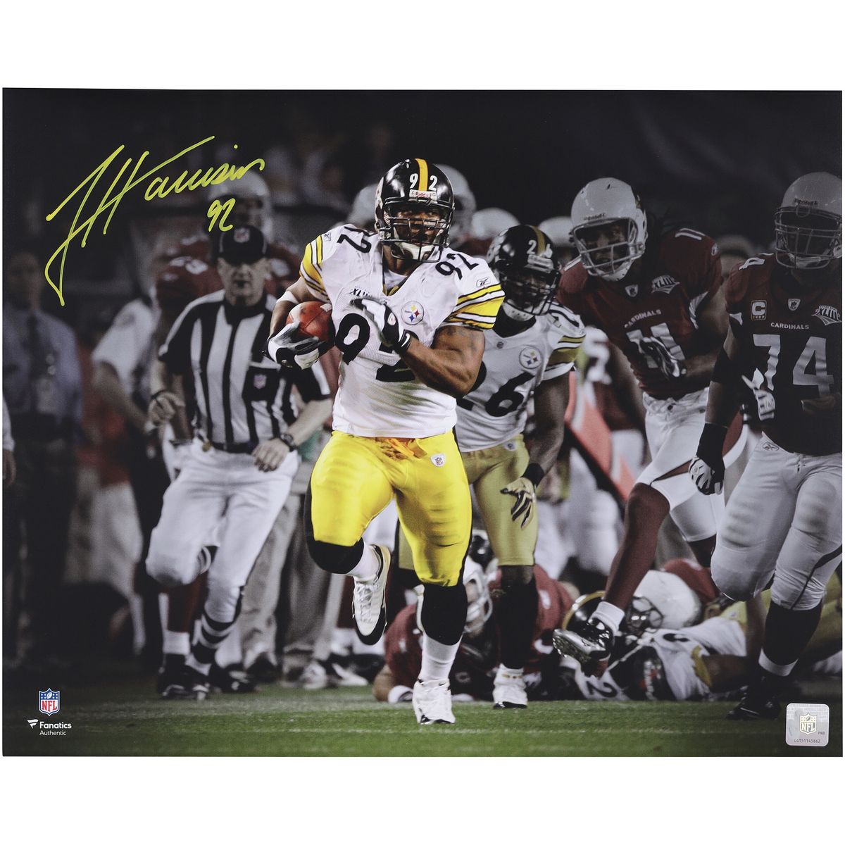 James Harrison Signed 16 by 20 Super Bowl XLIII Pick Six Photograph