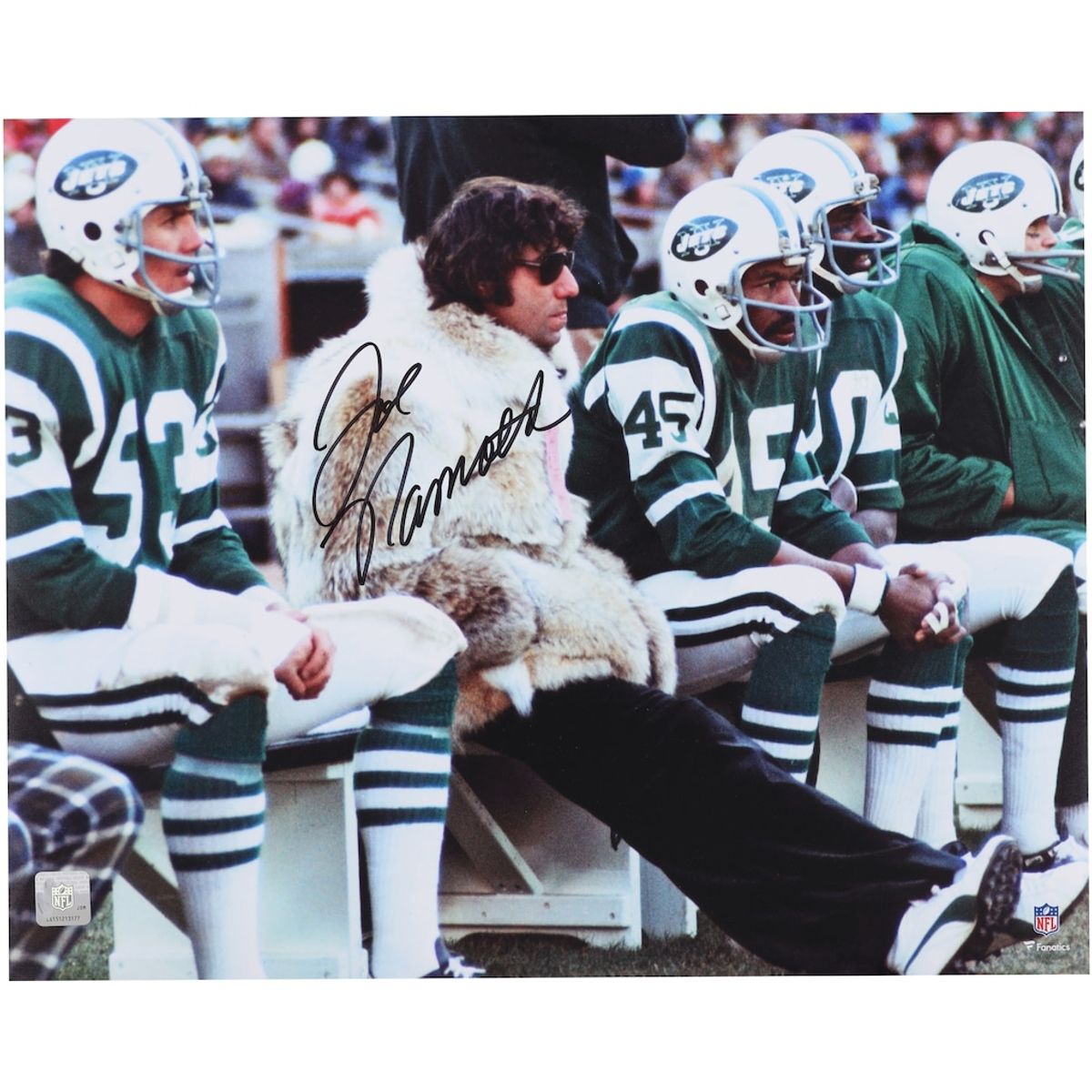 Joe Namath Signed 16 by 20 Fur Coat Sideline Photograph by Fanatics Authentic