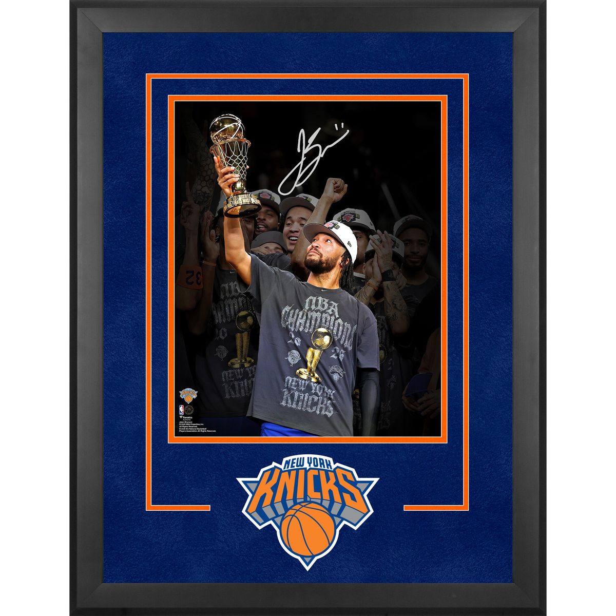 Jalen Brunson Signed 2026 NBA Finals Champions Deluxe Framed 16 x 20 Holding the Finals MVP Trophy