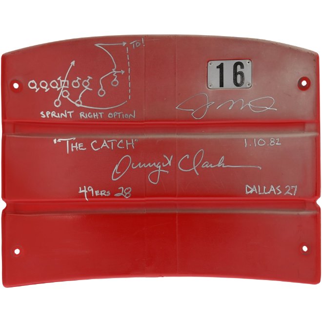 Joe Montana and Dwight Clark San Francisco 49ers Autographed Candlestick Park Red Seatback with Multiple Inscriptions Including The Catch Play Drawn by Dwight Clark in Silver Ink