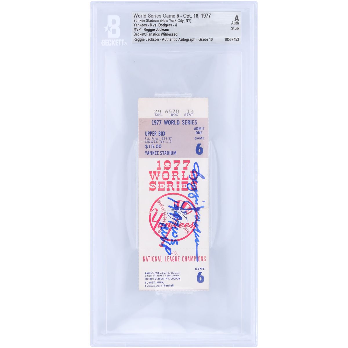 Reggie Jackson Signed World Series Game 6 Ticket Stub from October 18, 1977, Inscribed 1977 WS MVP