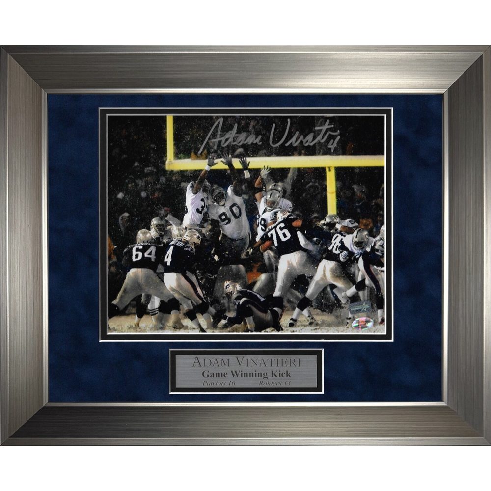 Adam Vinatieri Autographed Snow Bowl Kick 11 x 14 Photograph