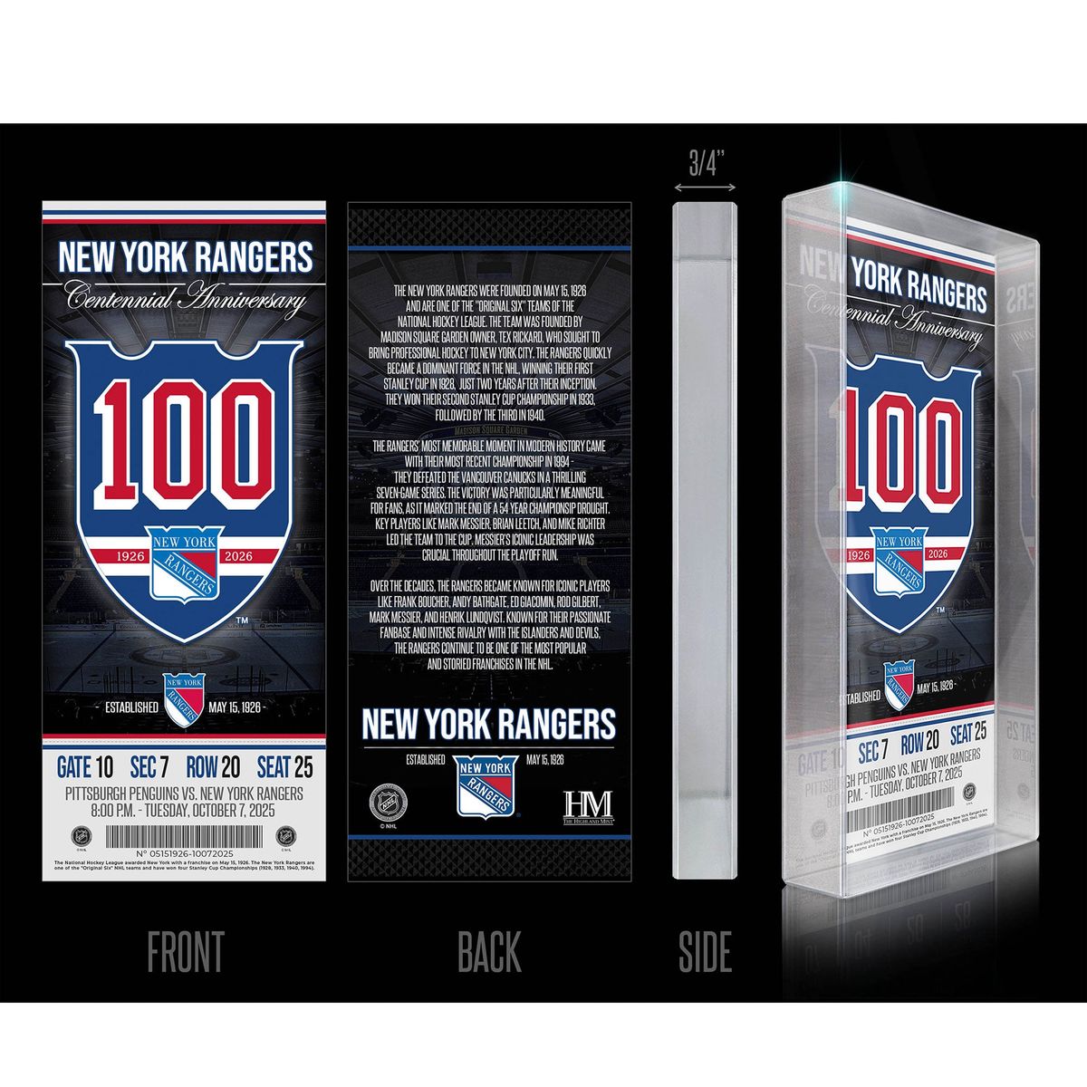 New York Rangers Centennial 3D Acrylic Block Art by Highland Mint