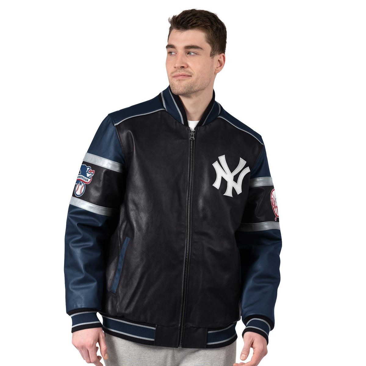 New York Yankees Leather Varsity Jacket in Black by G-III Sports by Carl Banks