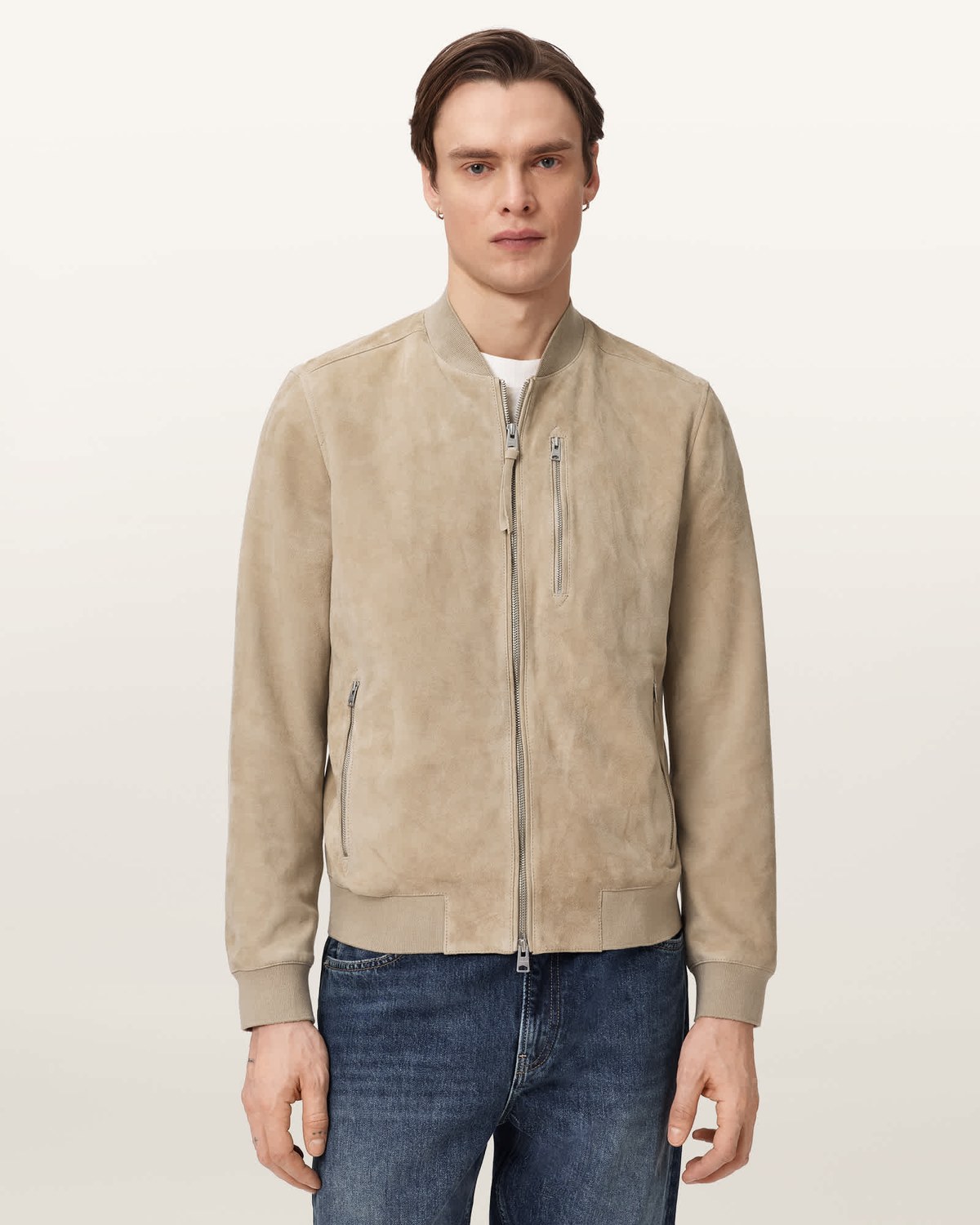 AllSaints Kemble goat suede bomber jacket in Dune Brown