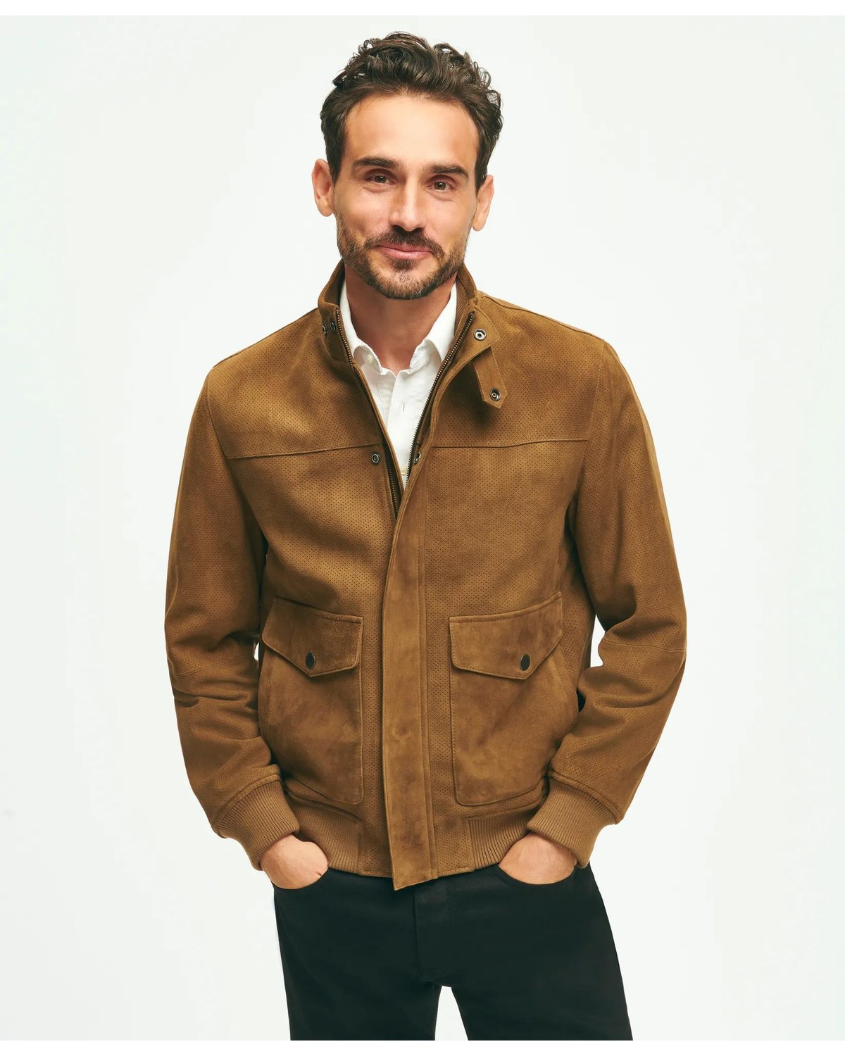 Brooks Brothers perforated goat suede bomber jacket in brown