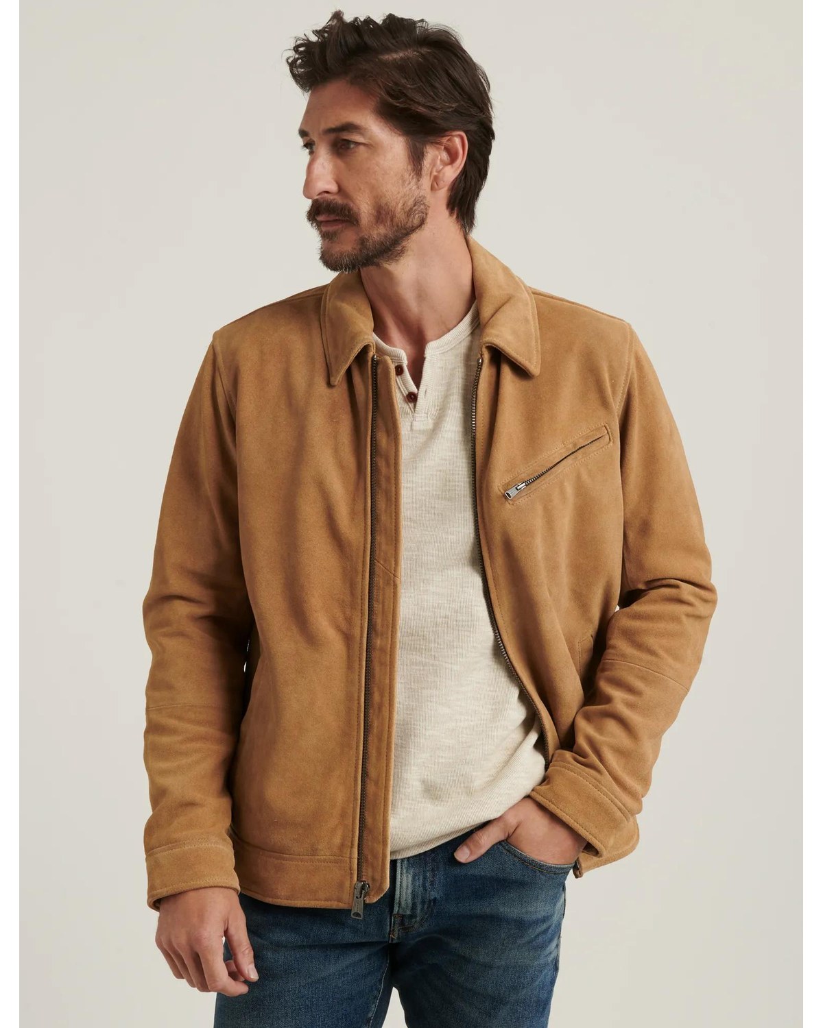 Lucky Brand cow suede riding jacket in Toasted Coconut
