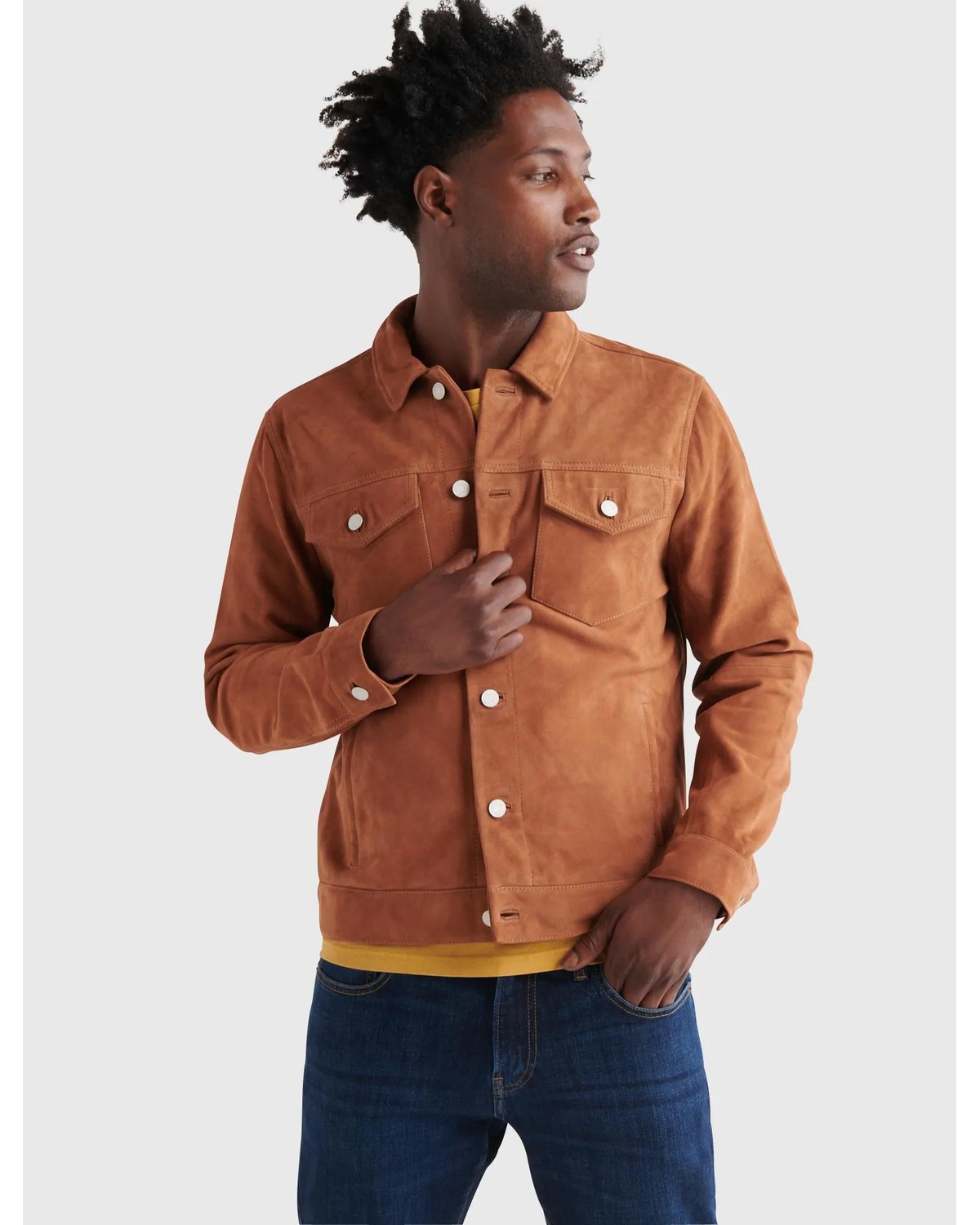 Lucky Brand goat suede trucker jacket in Cowboy Cognac