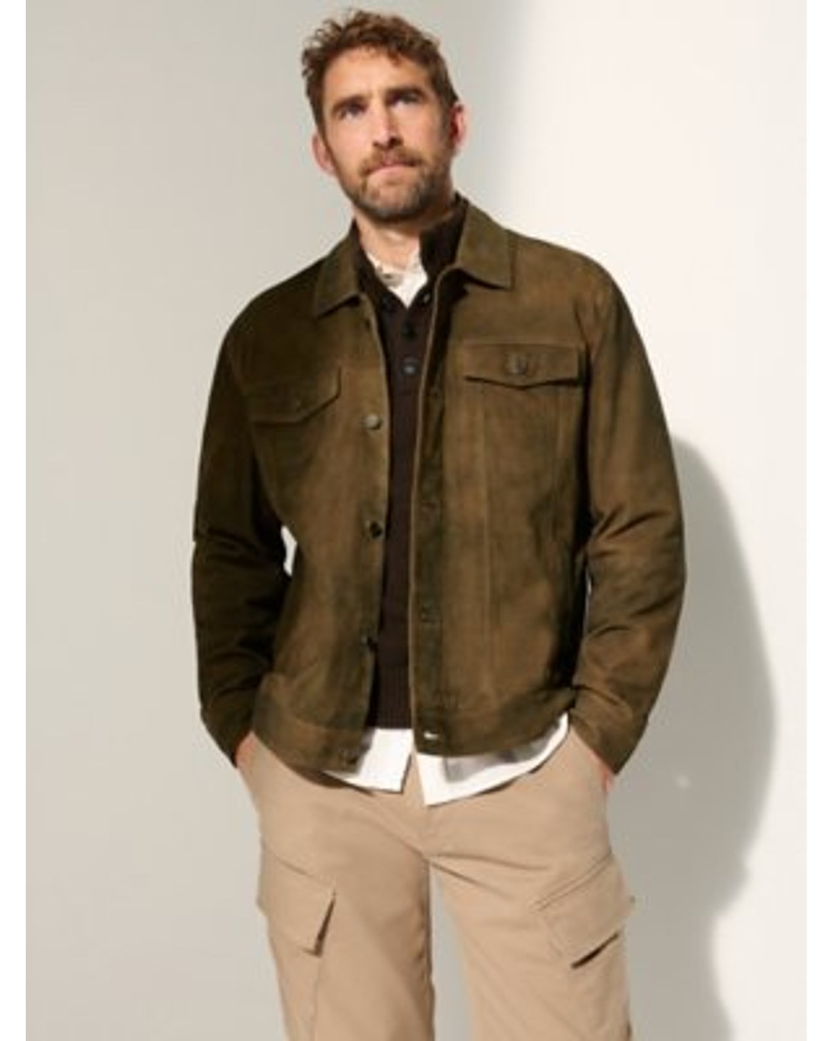 Overland Jimmy goat suede trucker jacket in Antique Brown