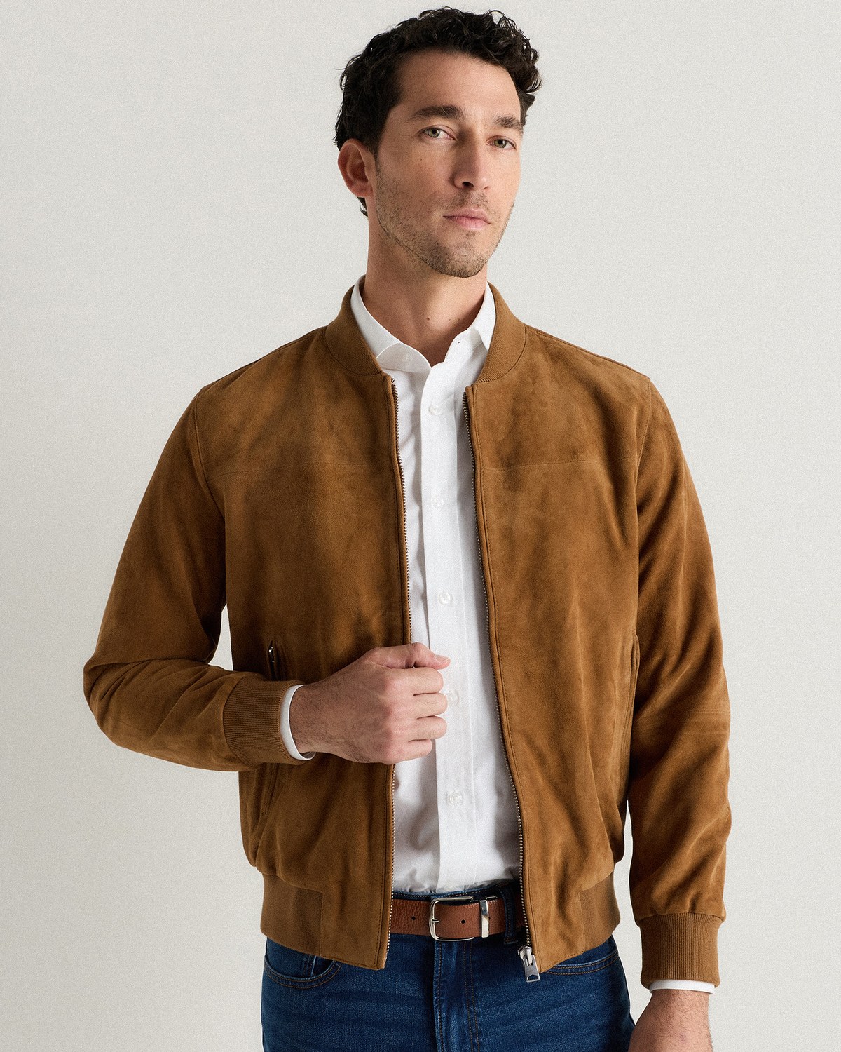 Quince top grain goat suede bomber jacket in Cognac Brown