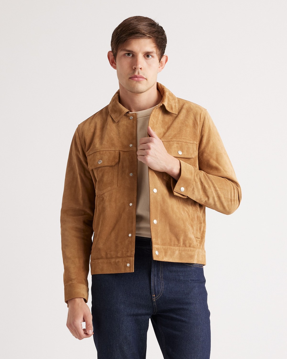 Quince Italian cow split suede trucker jacket in Cognac