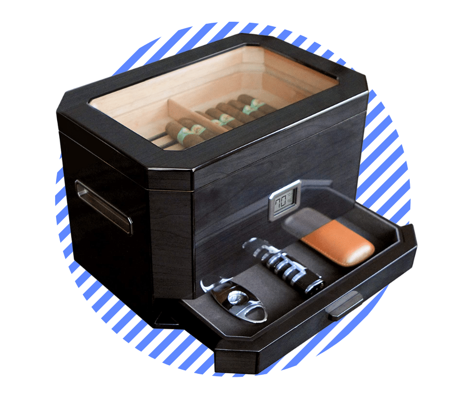 Octodor Large Black Piano Finish Glass Top Cedar Humidor with Digital Hygrometer