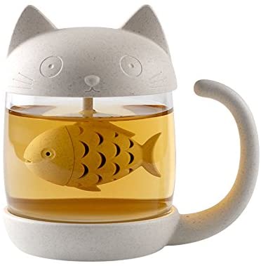 Cute Cat Class Tea Mug with Fish Infuser