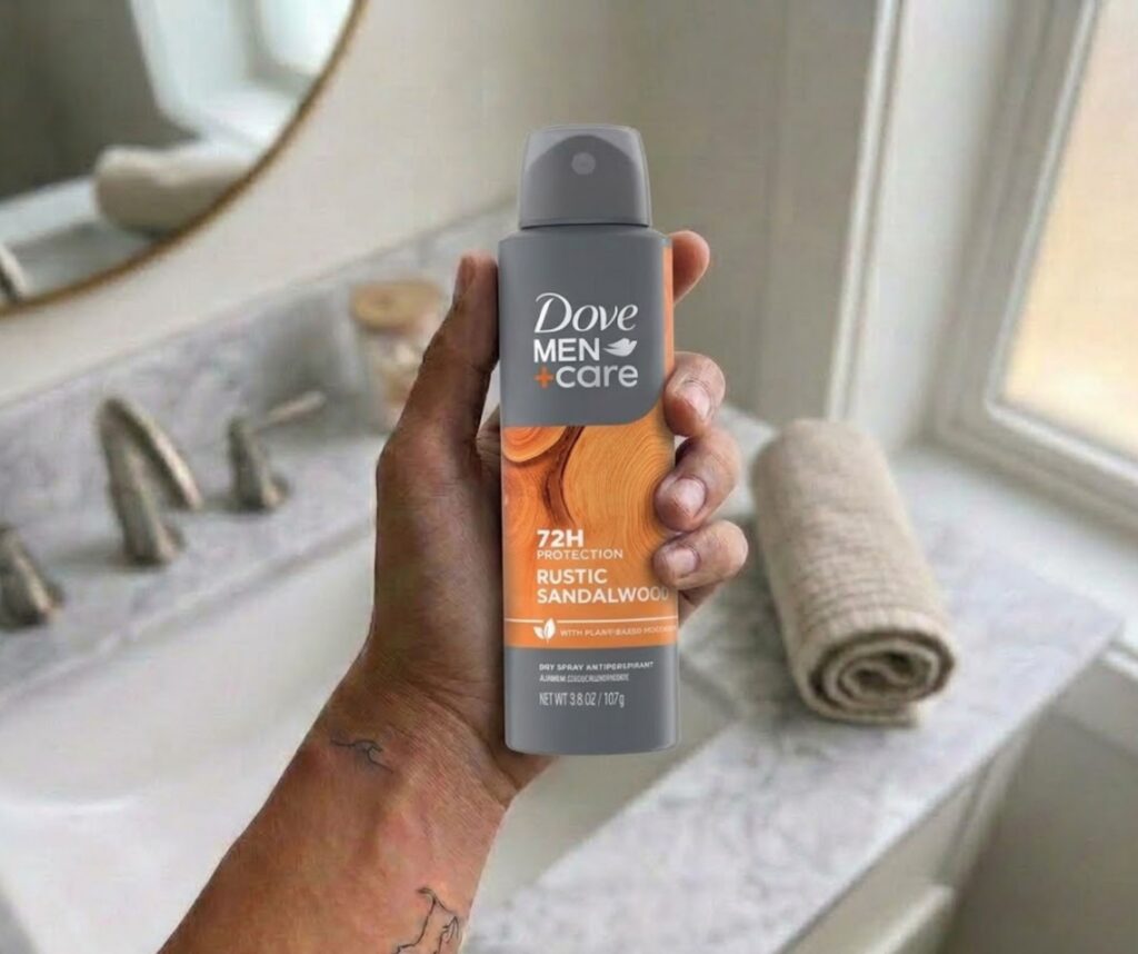 Dove Men and Care dry spray antiperspirant in sandalwood