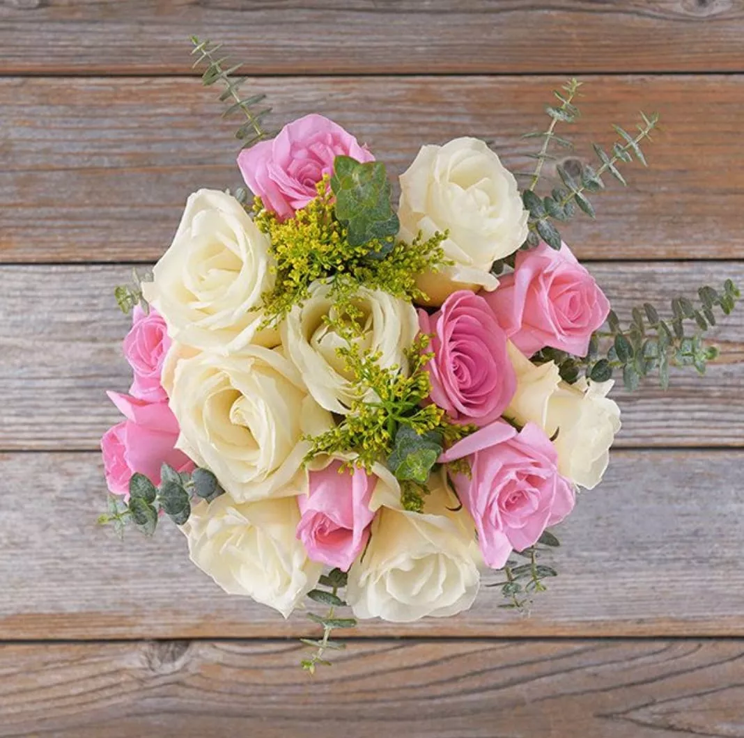 Bouqs White and Pink Roses with Eucalyptus